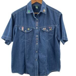 Vintage Western Rodeo Cowgirl Embroidered 100% Cotton S/S Denim Button Up Shirt